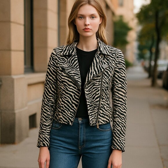 Louben Moto Zebra Print Wool Blend Womens Jacket Size 10  Asymmetric Zipper - Picture 1 of 16